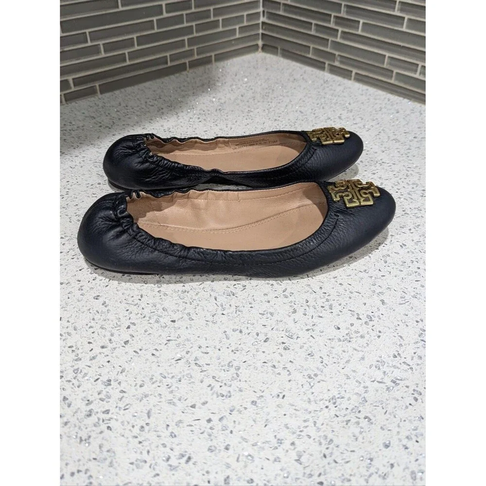 Tory Burch Melinda Ballet Flat Dark Navy Blue Gold Medallion Ladies Women 7.5